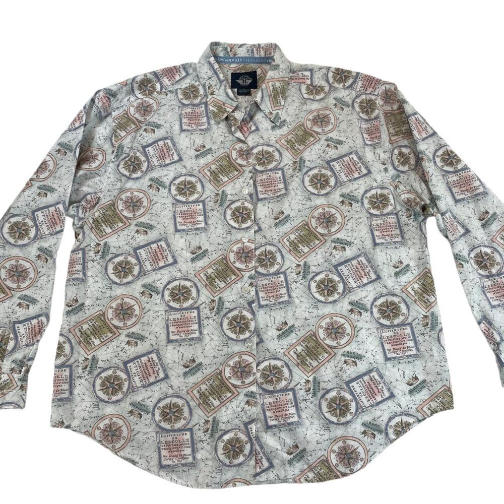 Dockers Vintage Celestial Map Print Button Down Shirt Men’s L White Multi